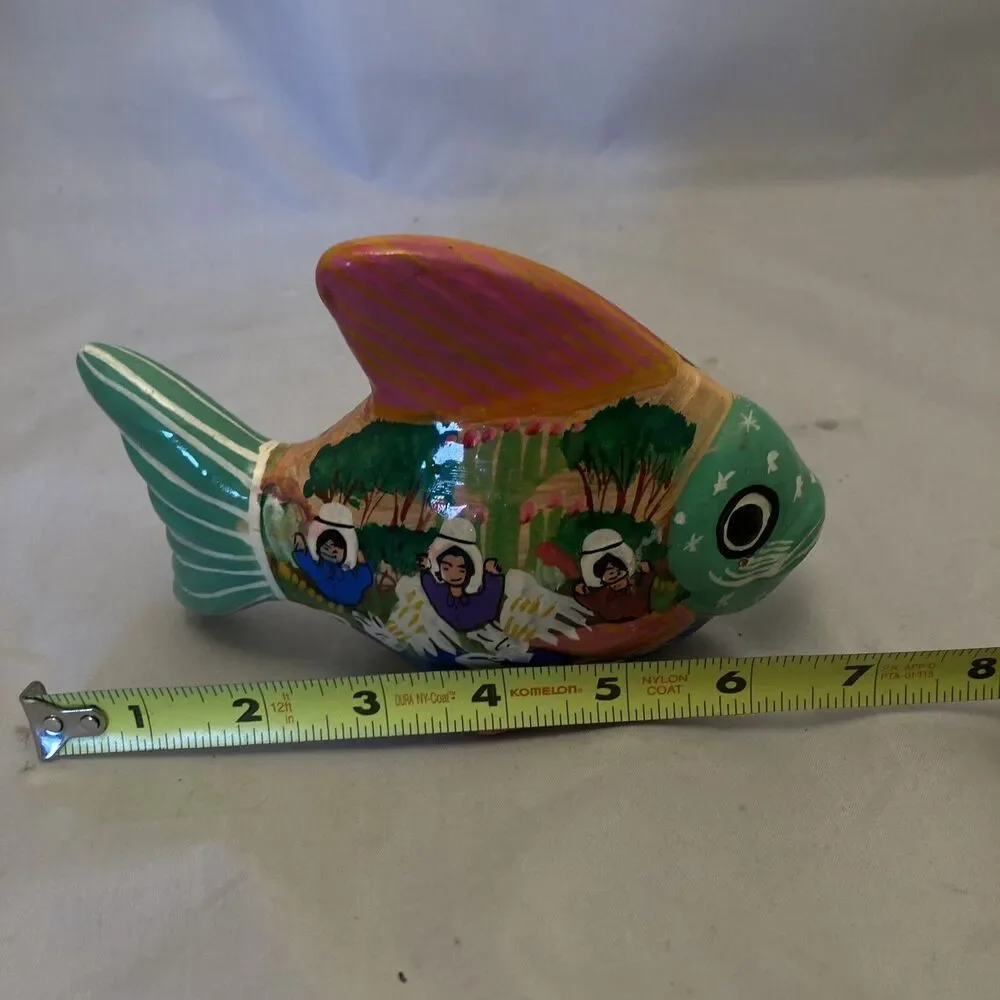 Vintage Folk Art Mexican Red Clay Pottery Fish Figurine Hand Pained Folk Art
